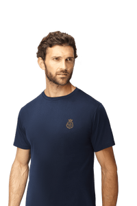 Frederick Mañez Navy tee: 24ct Gold Embroidery